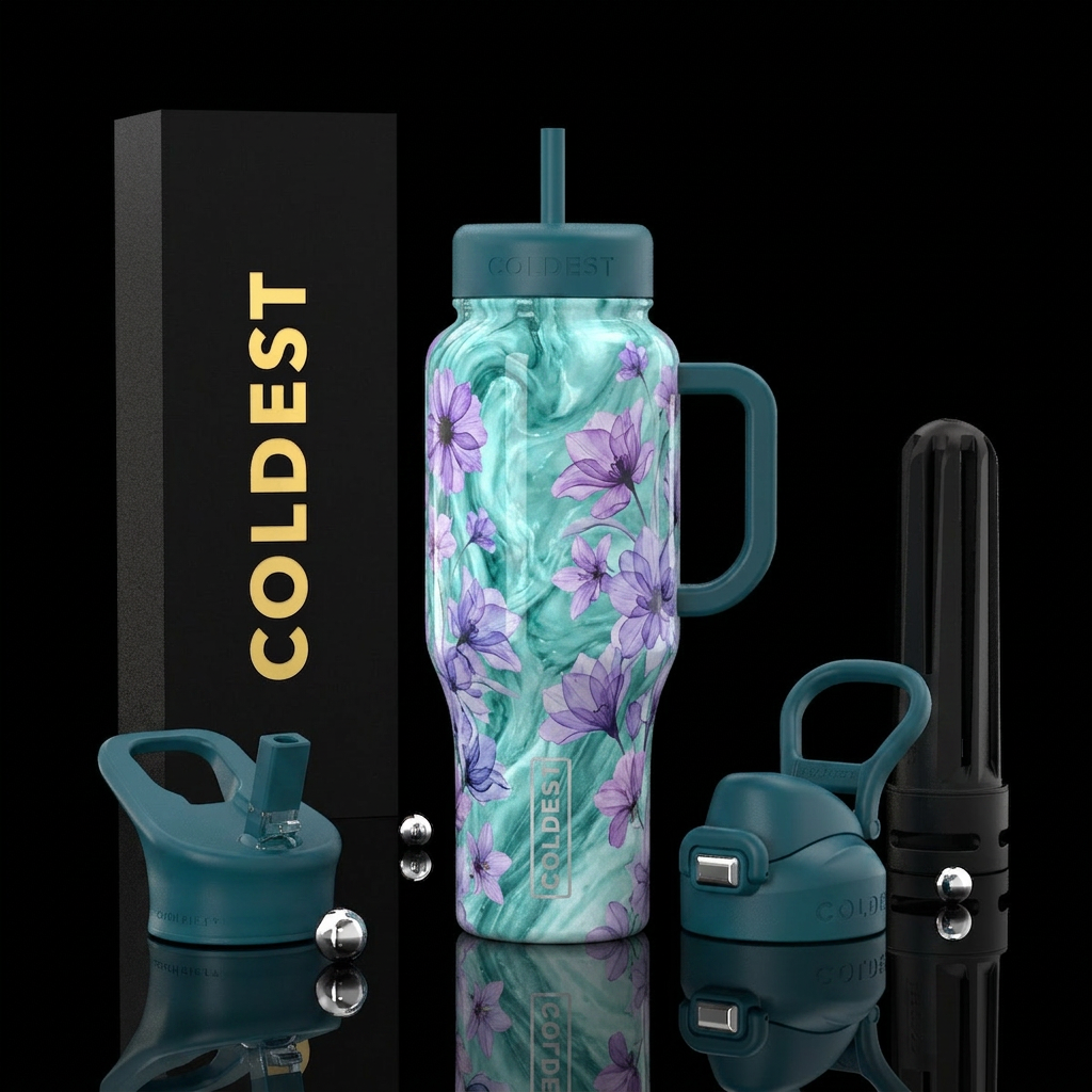 Opalescent teal, luxurious, vibrant marble effect,... water bottle design