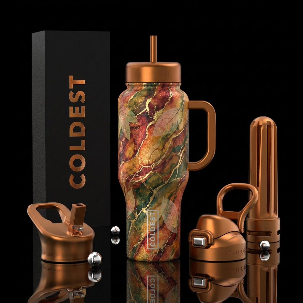luxurious, sparkly, vibrant marble effect, fall co... water bottle design