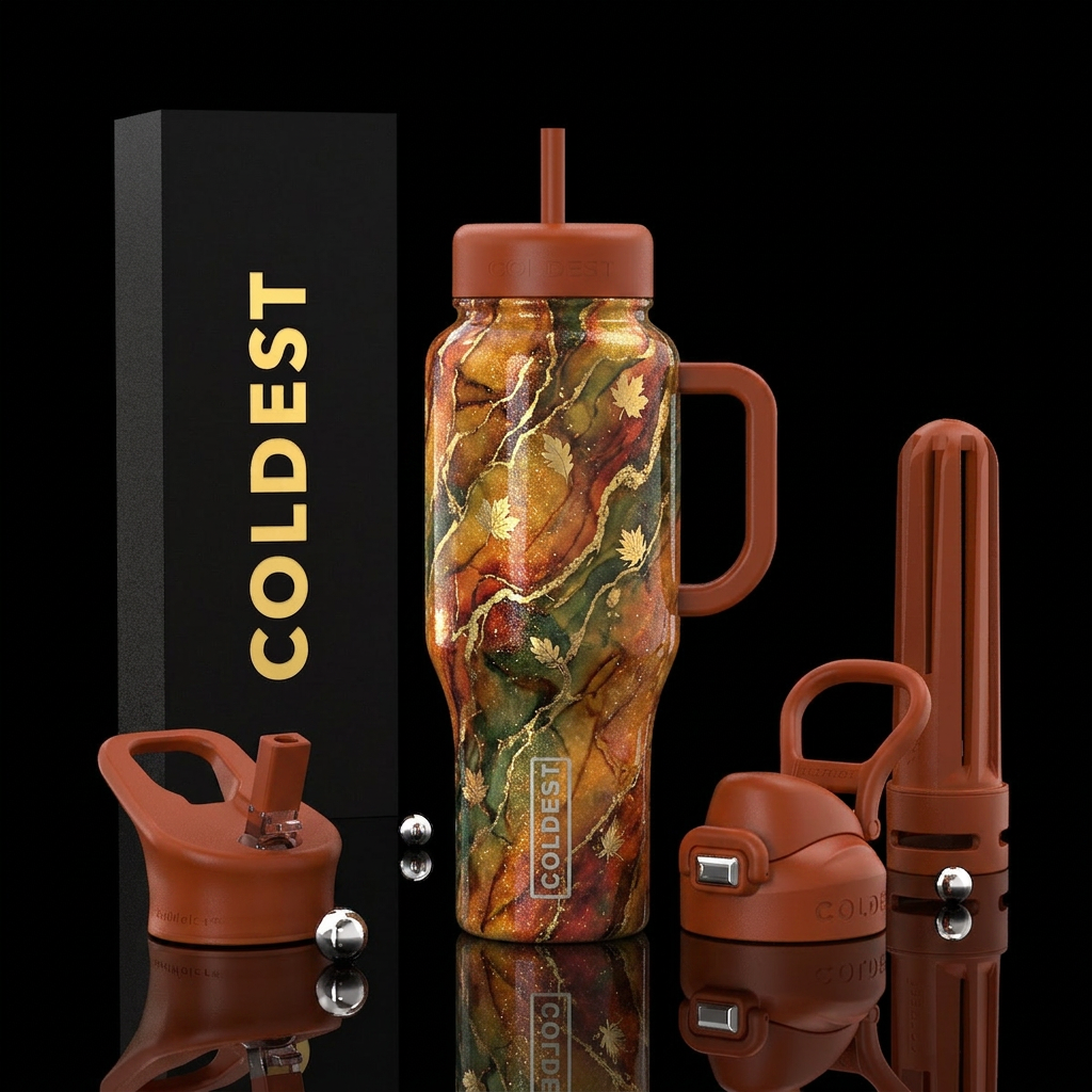 luxurious, sparkly, vibrant marble effect, fall co... water bottle design