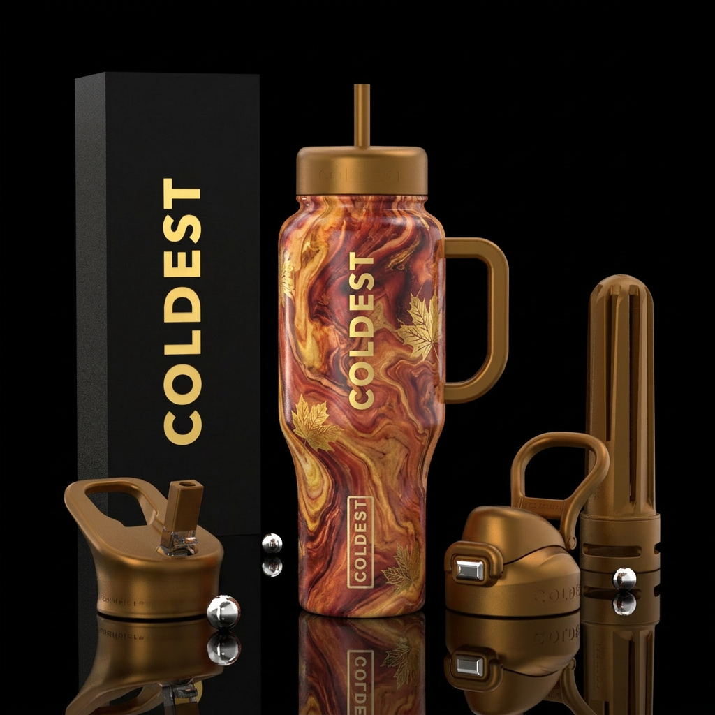luxurious, vibrant marble effect, fall colors, gol... water bottle design