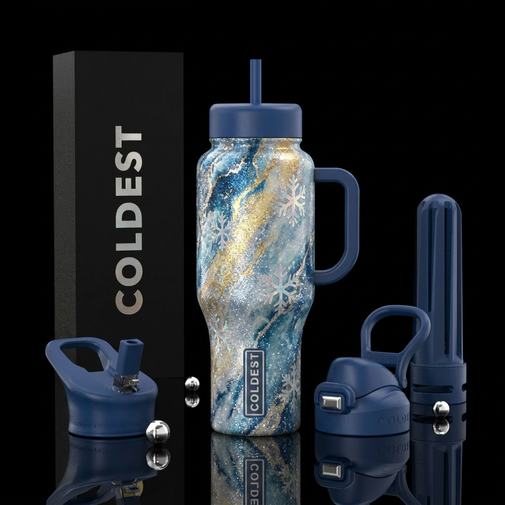 luxurious, sparkly, vibrant marble effect, winter ... water bottle design