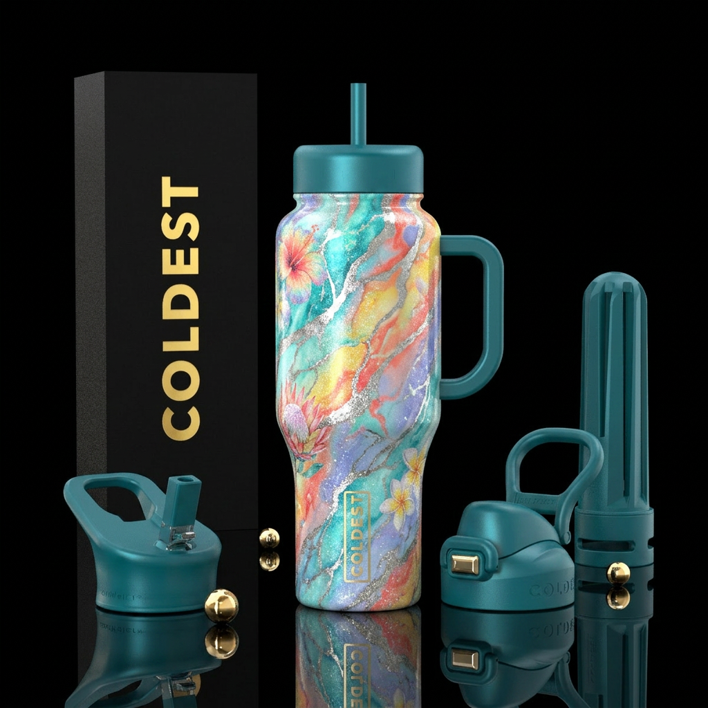 luxurious, sparkly, vibrant marble effect, summer ... water bottle design