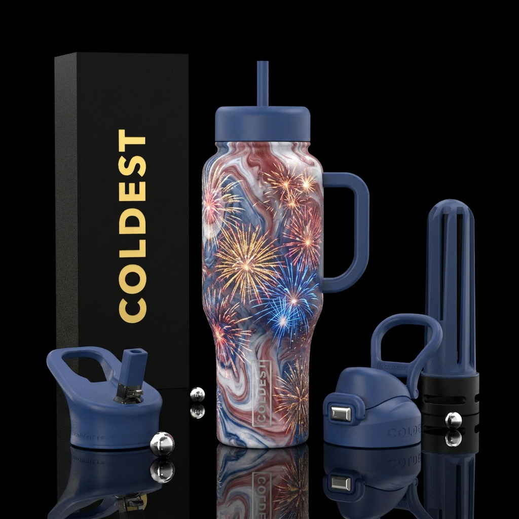 Muted red, white and blue marble effect with brigh... water bottle design