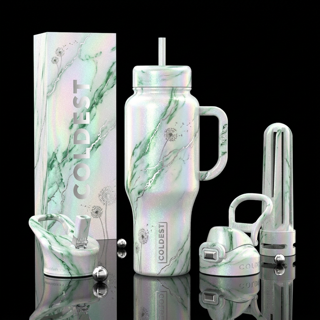 opalescent white, luxurious, sparkly, vibrant marb... water bottle design