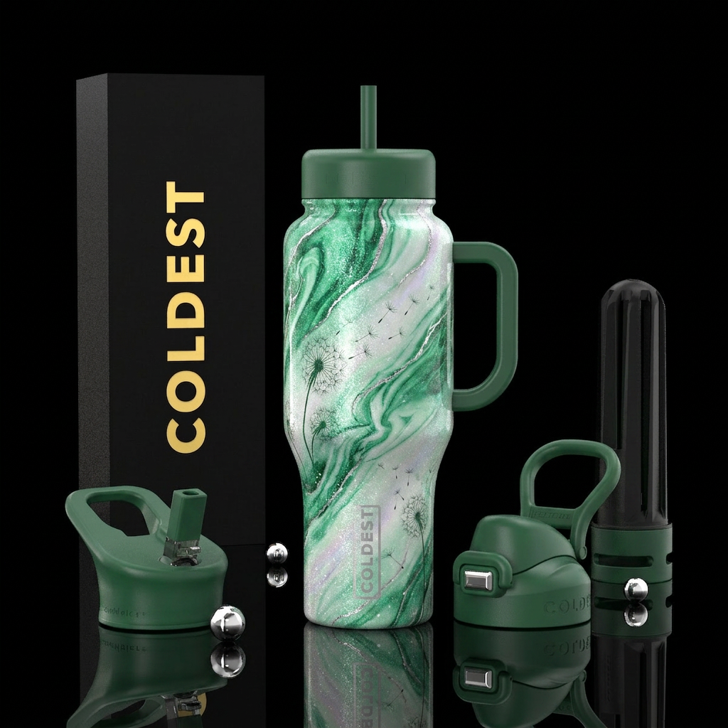 luxurious, sparkly, vibrant marble effect, greens,... water bottle design