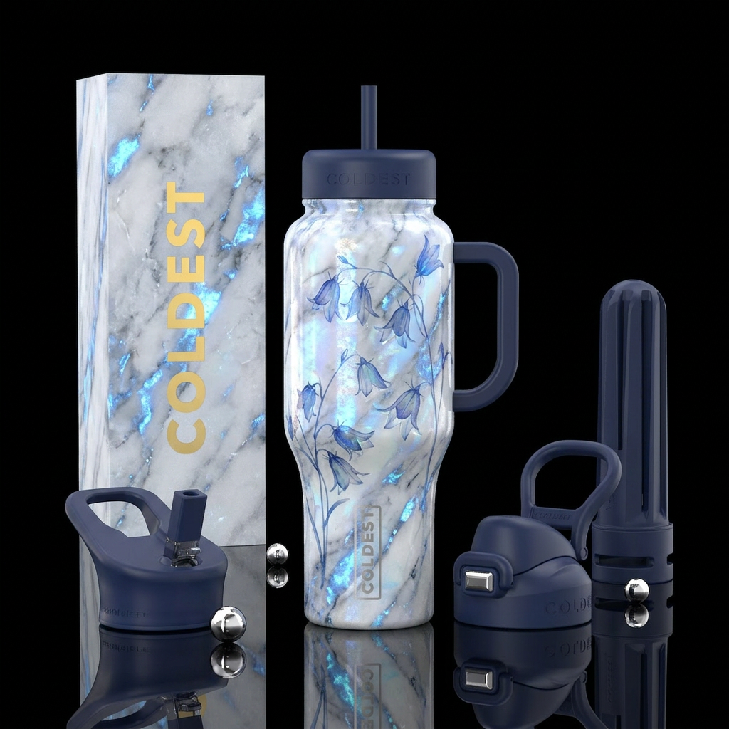 luxurious, opalescent, sparkly, vibrant marble eff... water bottle design