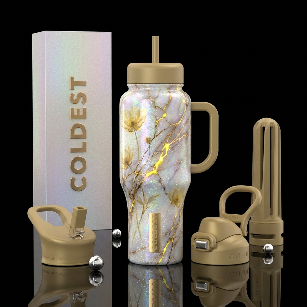 luxurious, opalescent, sparkly, vibrant marble eff... water bottle design