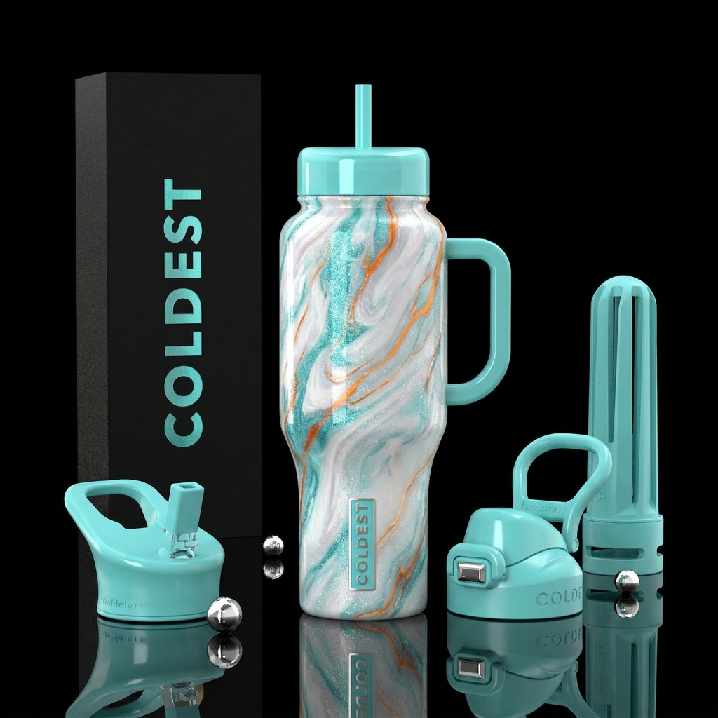 opalescent white, sparkly aqua, orange, nay marble... water bottle design