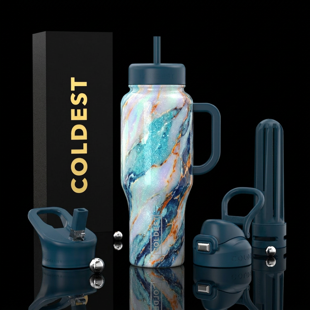 opalescent white, sparkly aqua, orange, navy blue,... water bottle design