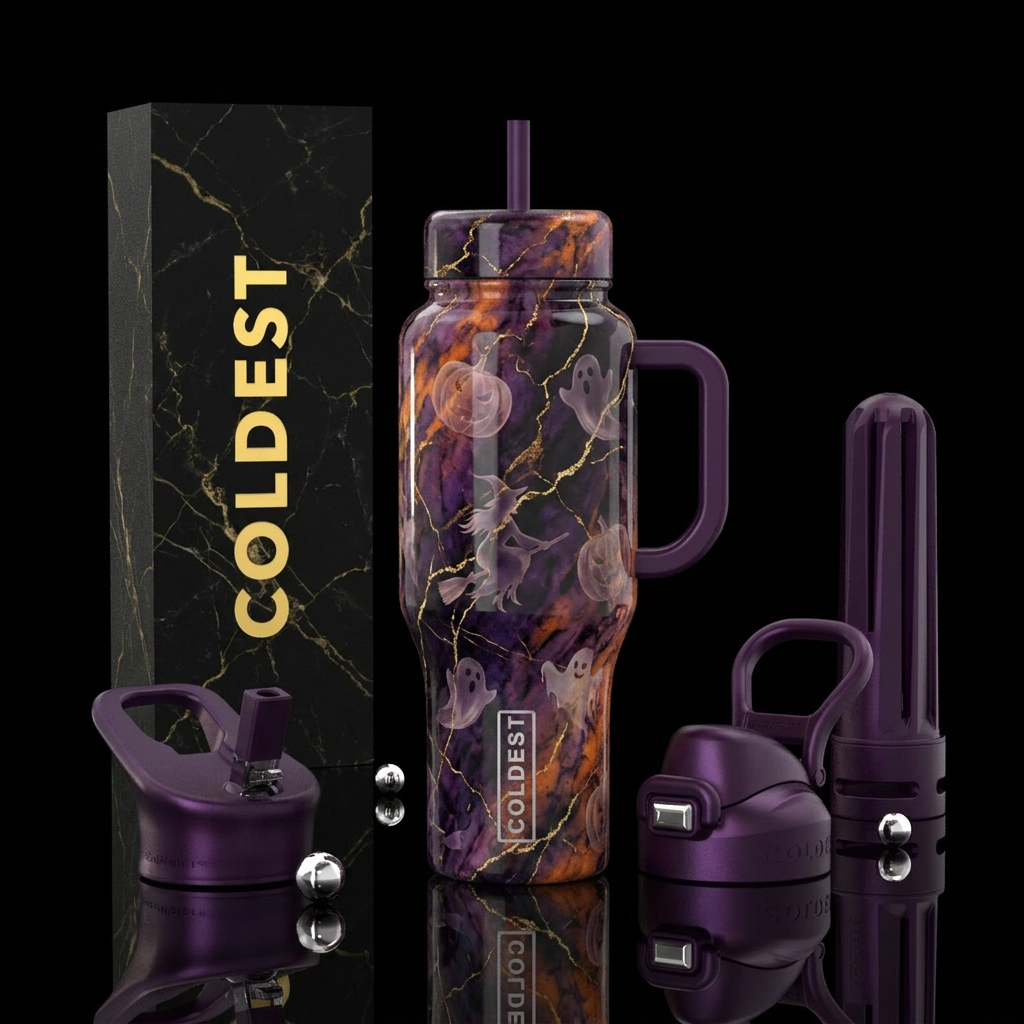 luxurious Halloween colors, marble effect with thi... water bottle design