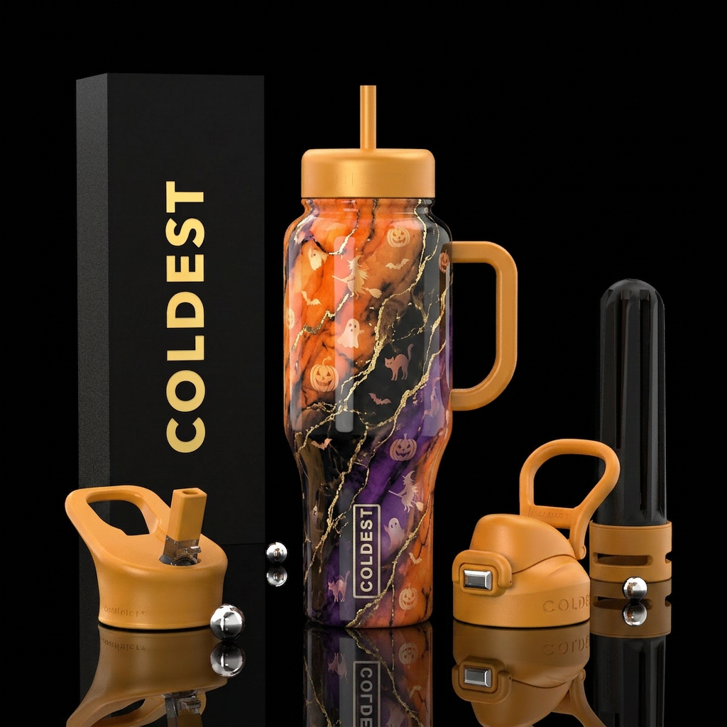 luxurious Halloween colors, marble effect with thi... water bottle design