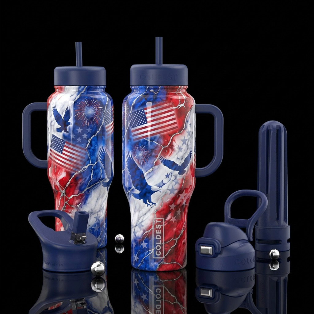 luxurious patriotic red, white and blue colors, ma... water bottle design