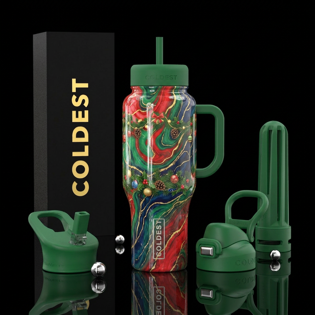 Vibrant christmas colors, marble effect with thin ... water bottle design