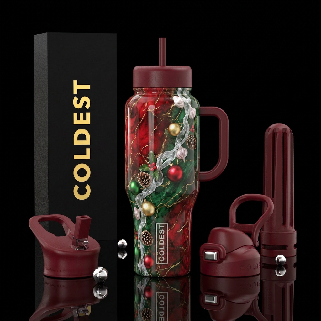 Vibrant christmas colors, marble effect with thin ... water bottle design