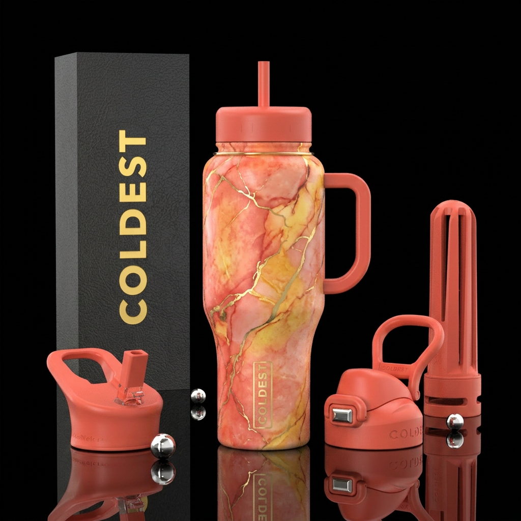 Coral, orange, yellow marble effect with thin gold... water bottle design