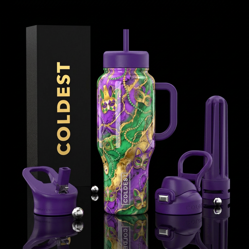 Bright vibrant Mardi Gras colors in marble effect ... water bottle design