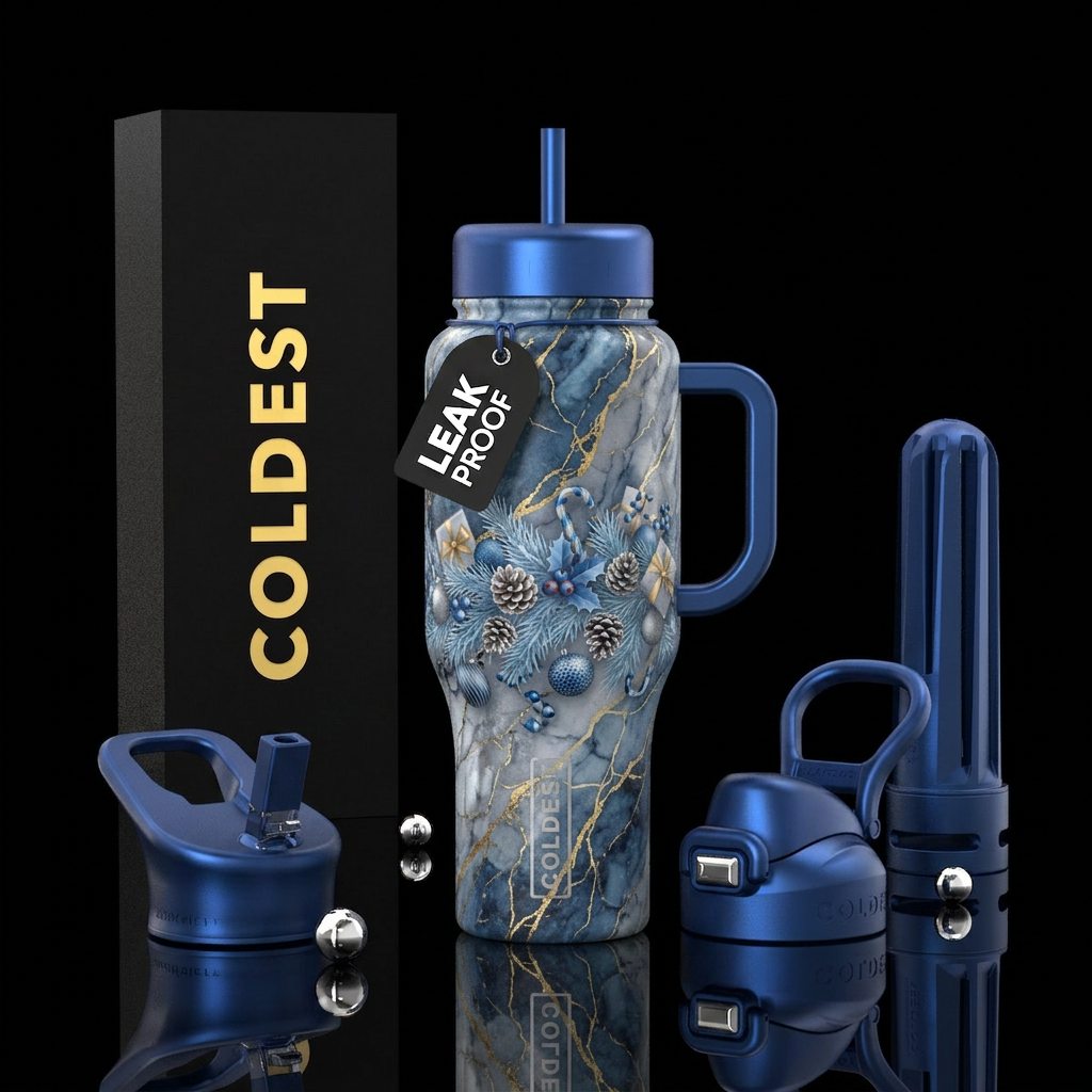 Modern christmas colors, blues and silvers, marble... water bottle design