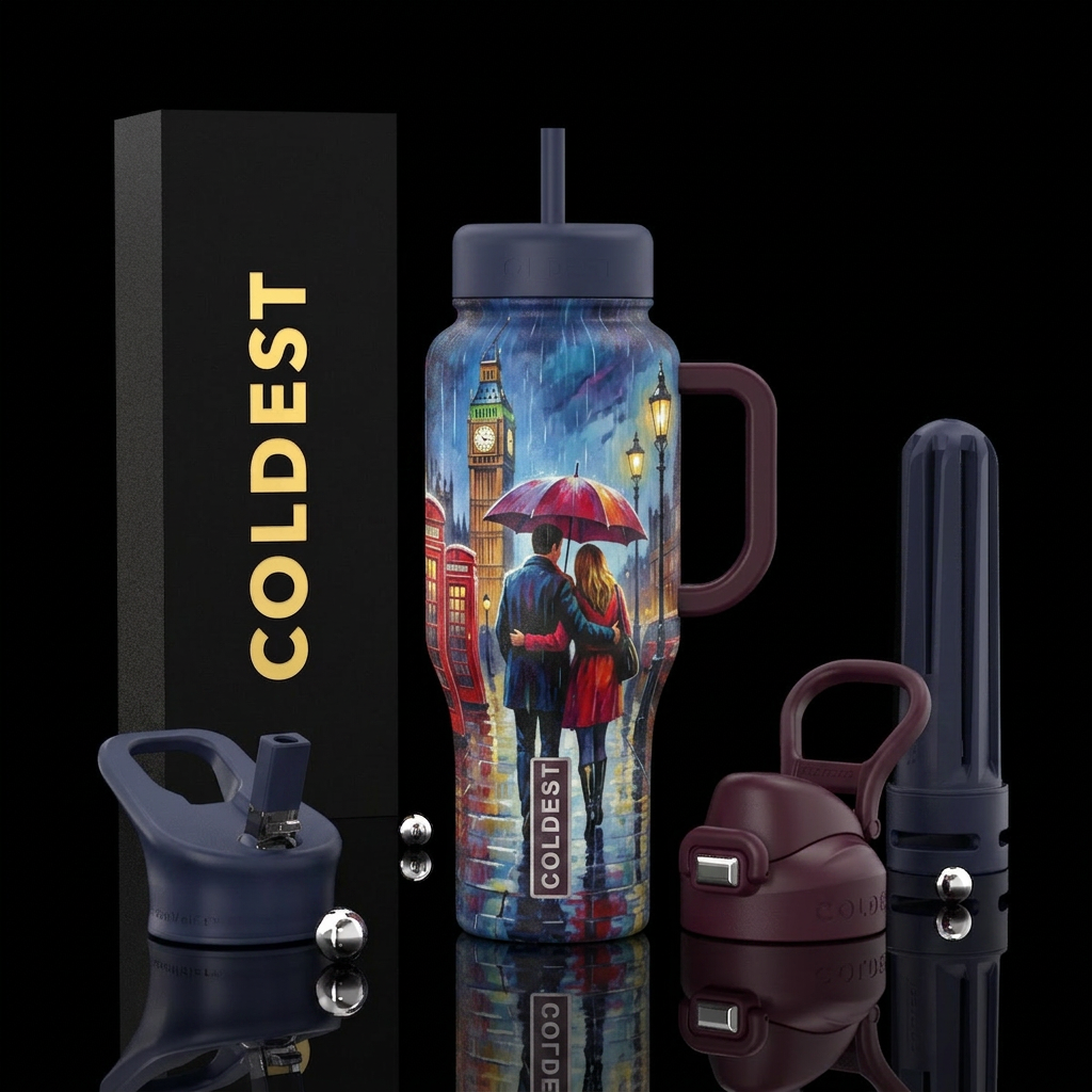 romantic scene with a couple walking under an umbr... water bottle design