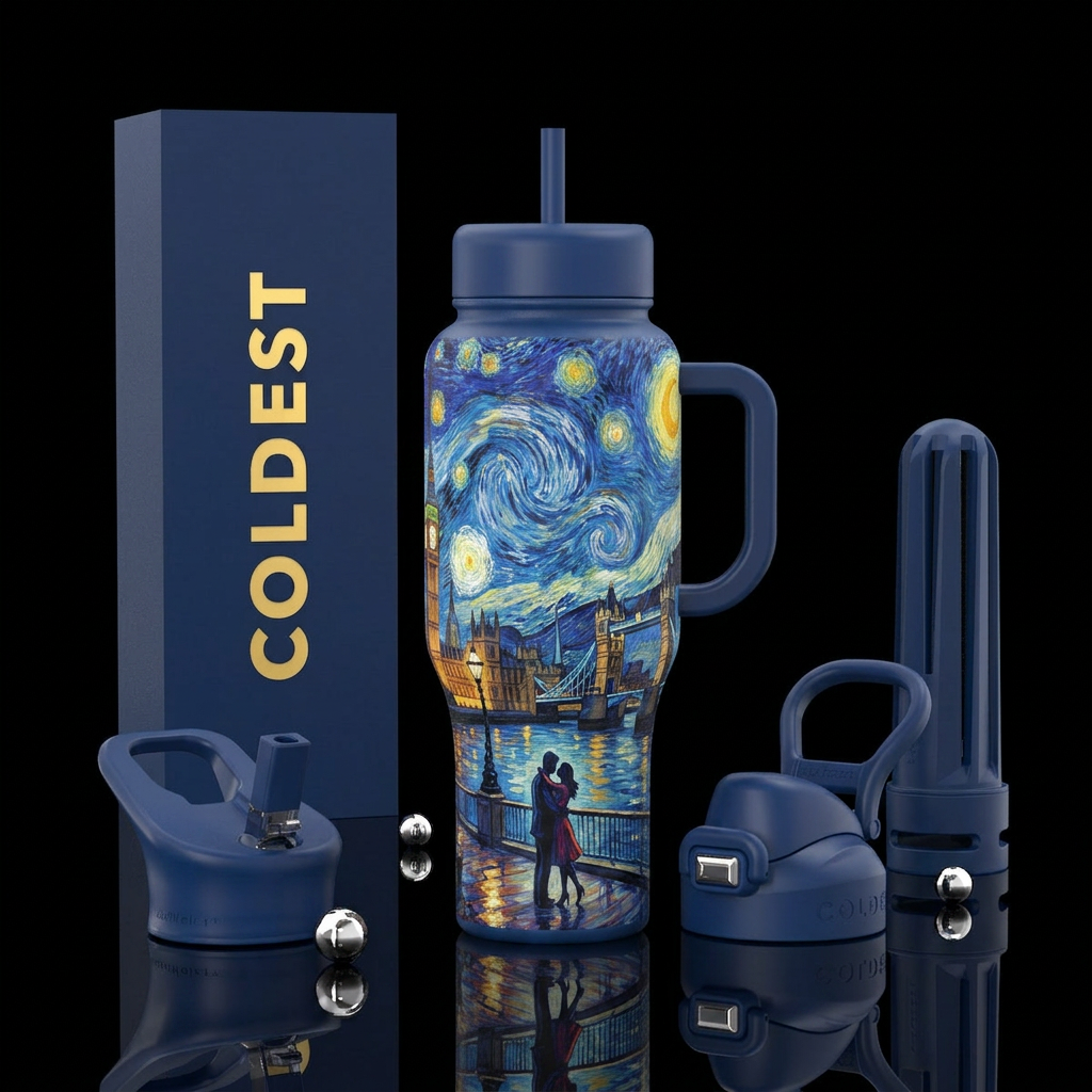 Romantic Van Gogh style starry night stroll in Lon... water bottle design