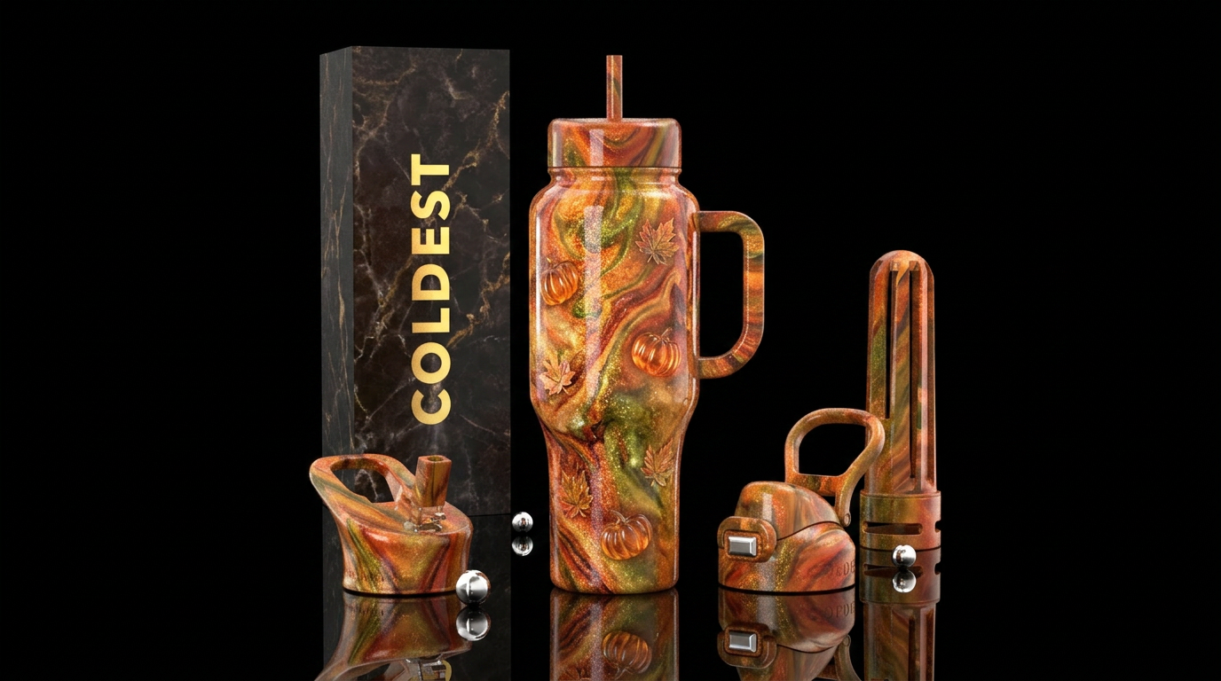 luxurious, sparkly, vibrant marble effect, fall co... water bottle design