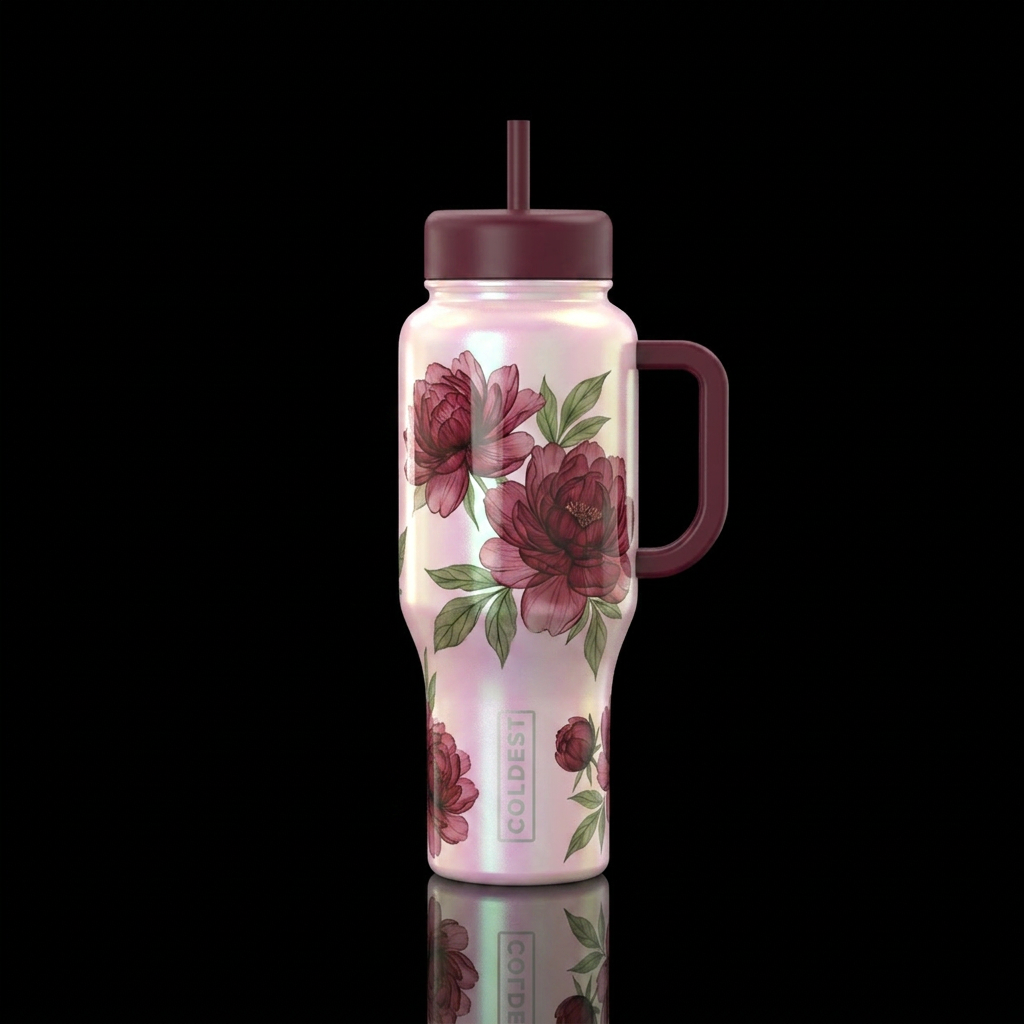 Opalescent pale pink tumbler with translucent burg... water bottle design