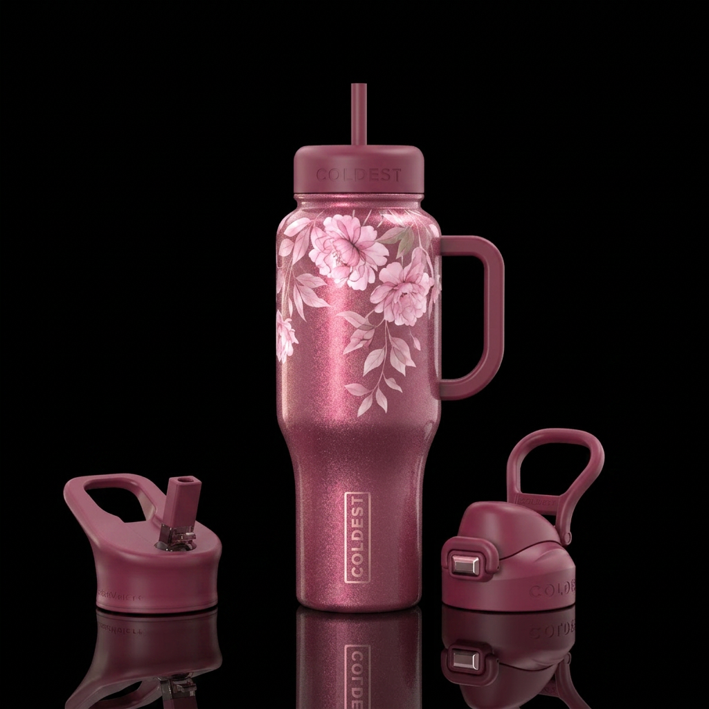Sparkly light burgundy tumbler with delicate trans... water bottle design