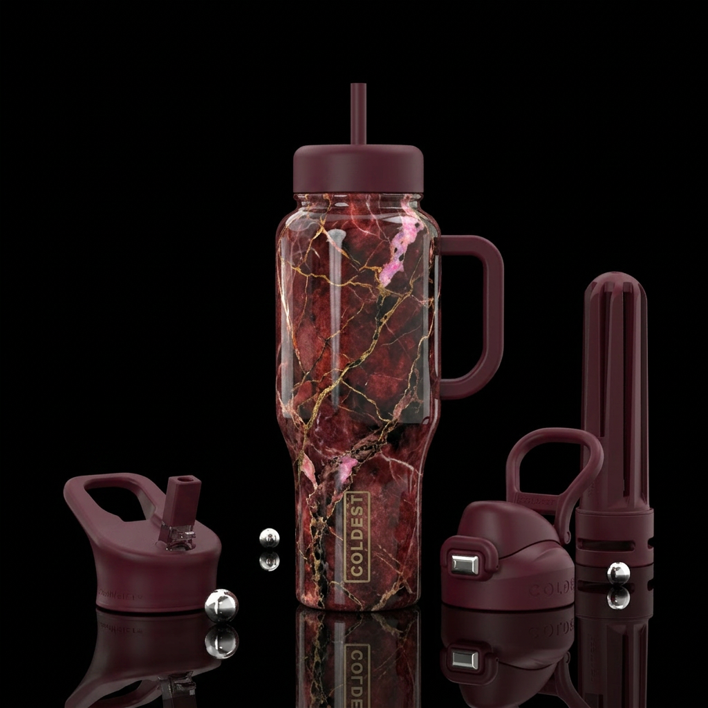 oxblood marble effect tumbler with splashes of opa... water bottle design