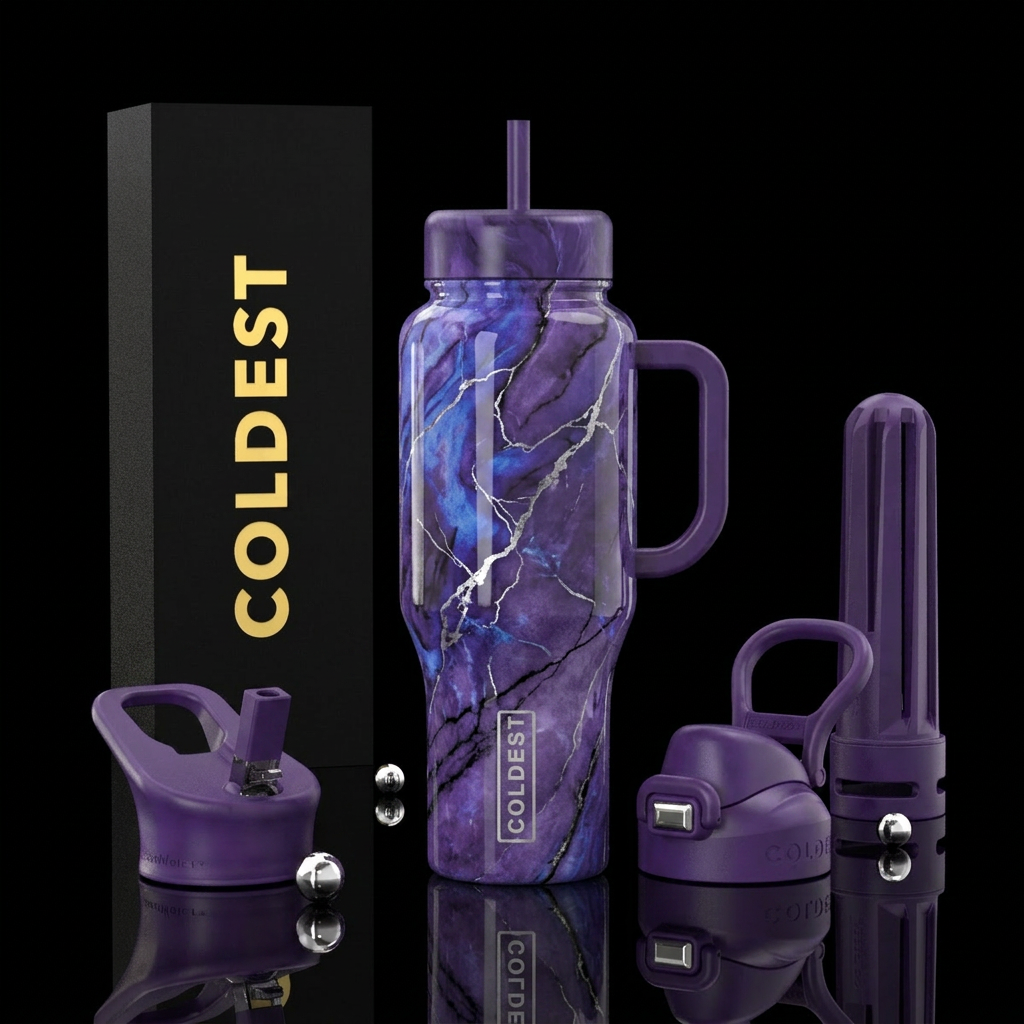 deep purple marble effect tumbler with splashes of... water bottle design