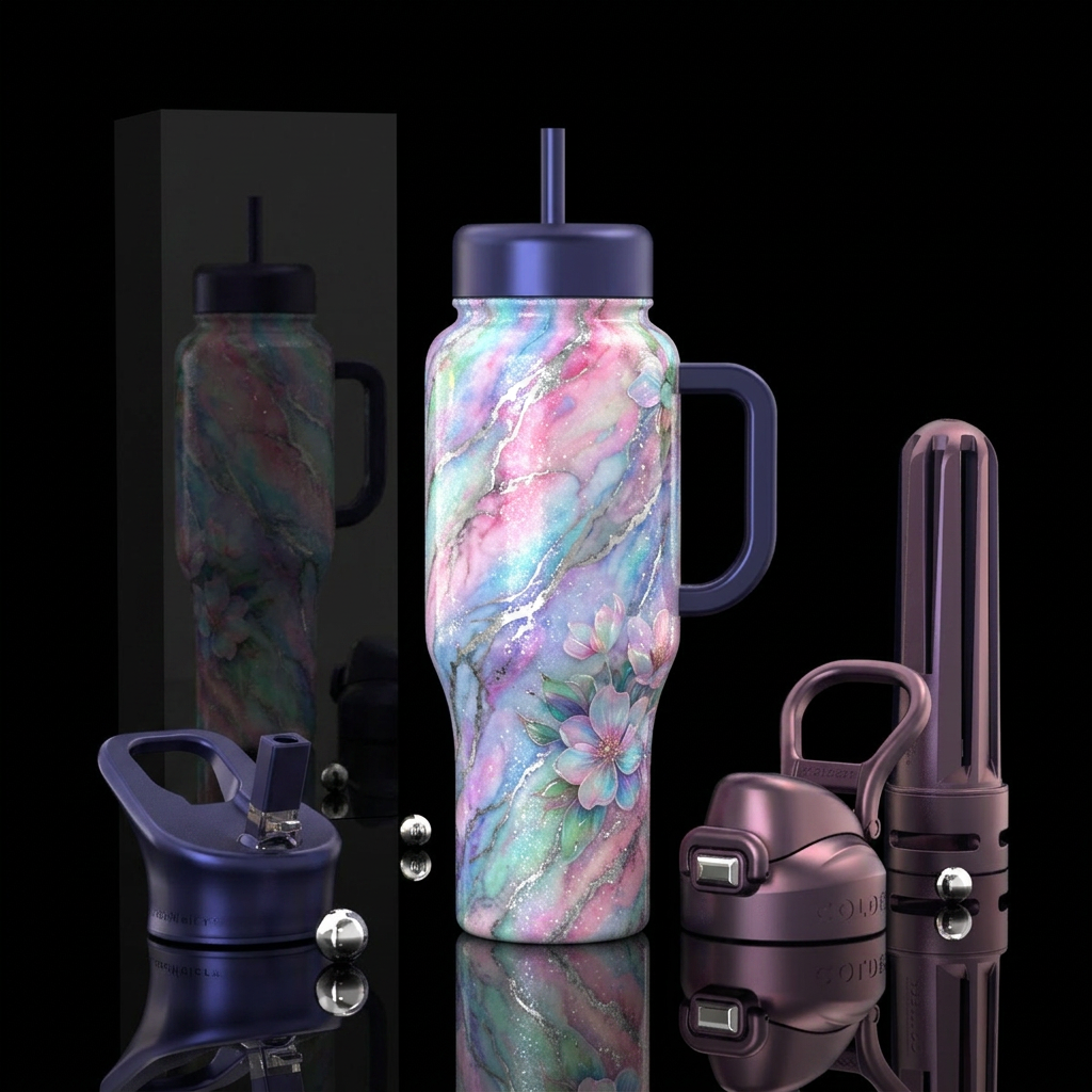 luxurious, sparkly, vibrant opalescent marble effe... water bottle design