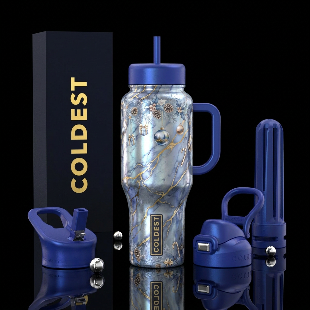 Modern christmas colors, opalescent blues and silv... water bottle design
