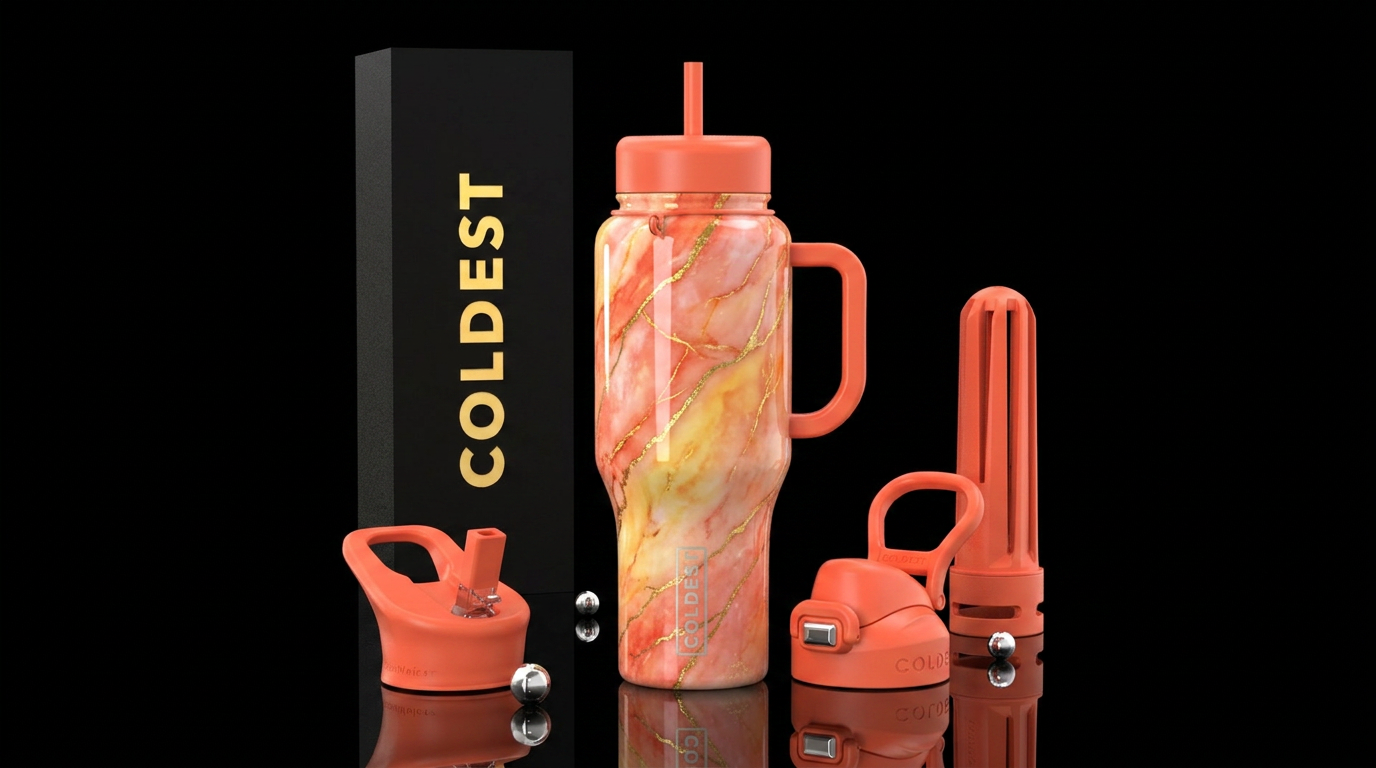 Coral, orange, yellow opalescent marble effect wit... water bottle design