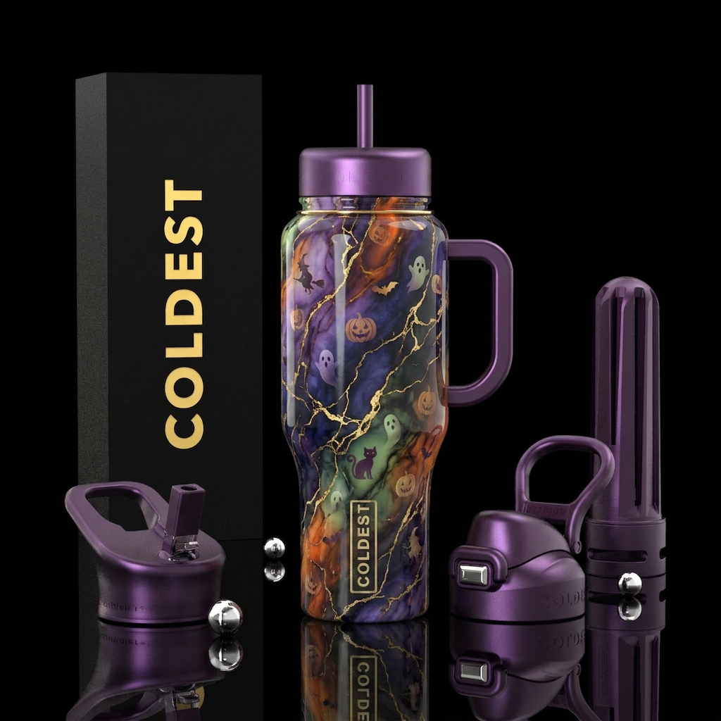 luxurious Halloween colors, opalescent marble effe... water bottle design