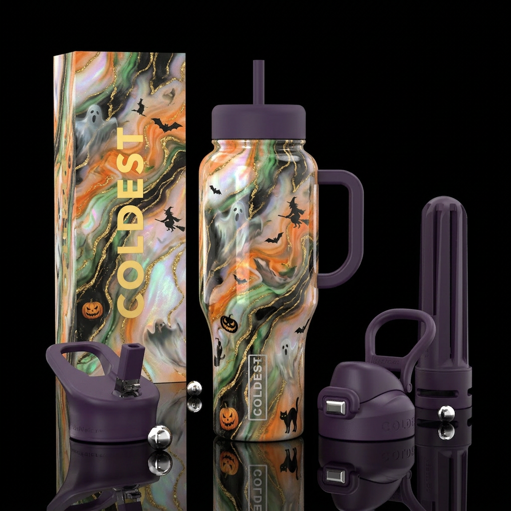 luxurious Halloween colors, opalescent marble effe... water bottle design