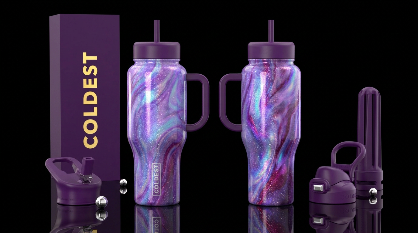 luxurious, sparkly, vibrant opalescent marble effe... water bottle design