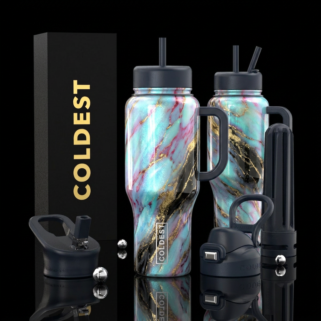 luxurious, sparkly, vibrant opalescent marble effe... water bottle design