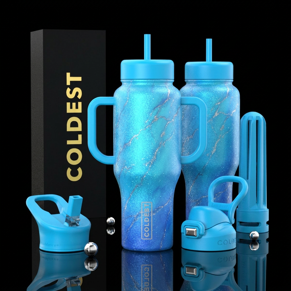 luxurious, sparkly, vibrant, cyan, dreamy, satin, ... water bottle design