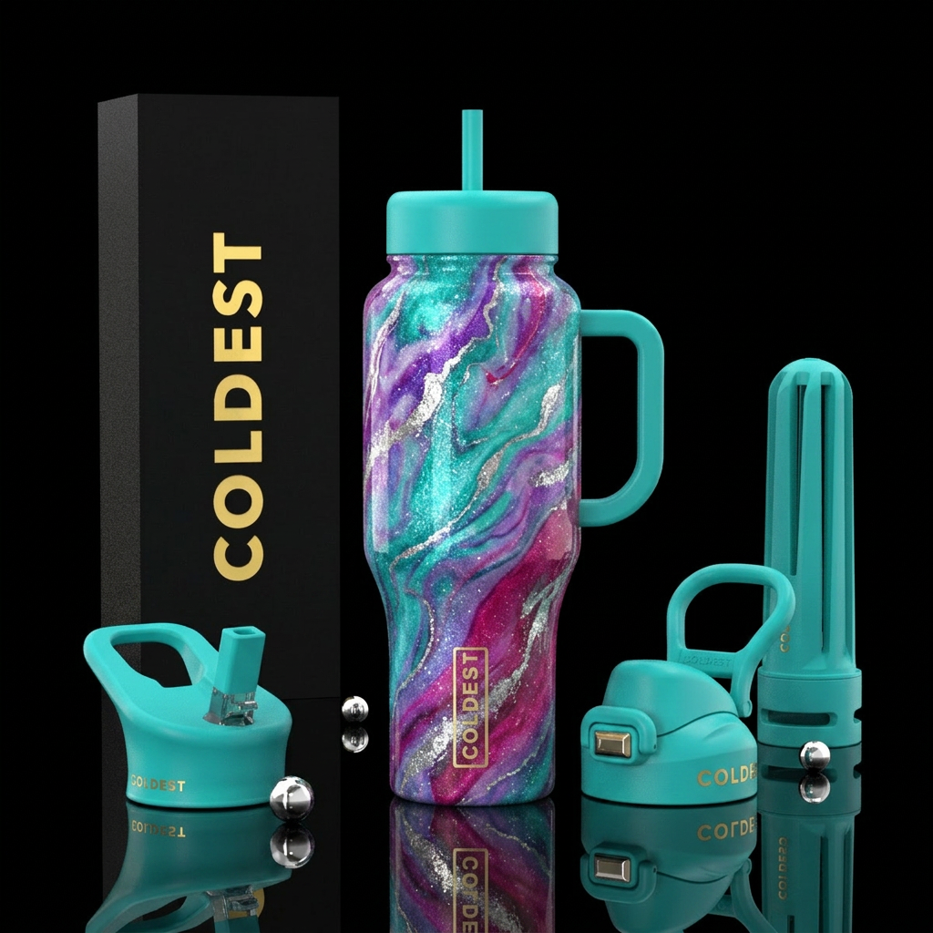 luxurious, sparkly, vibrant, teal, purple, fuschia... water bottle design