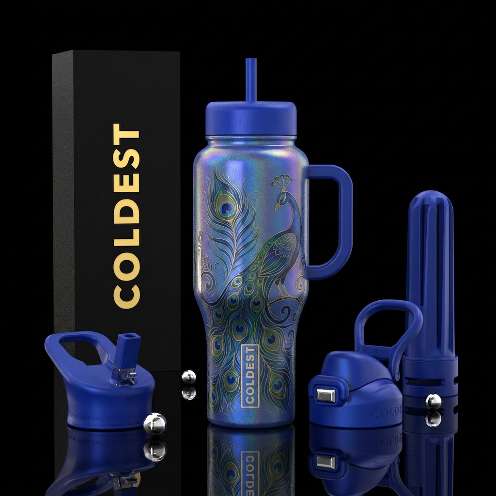 Opalescent royal blue tumbler with translucent art... water bottle design