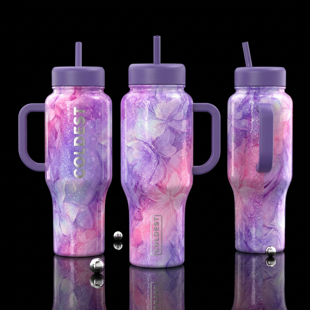purple, lavender, cherry, pink, opalescent glitter... water bottle design