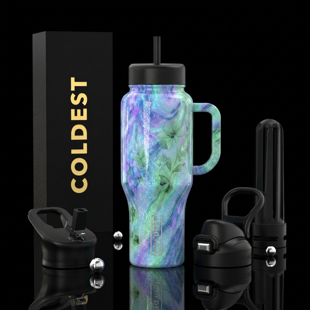 luxurious, sparkly, vibrant opalescent marble effe... water bottle design