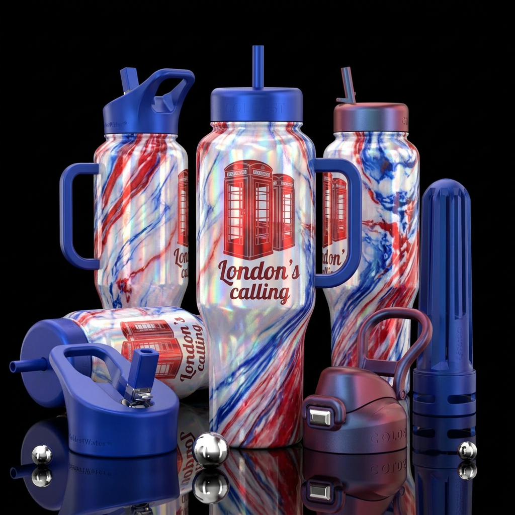 red white and blue opalescent marble effect with a... water bottle design