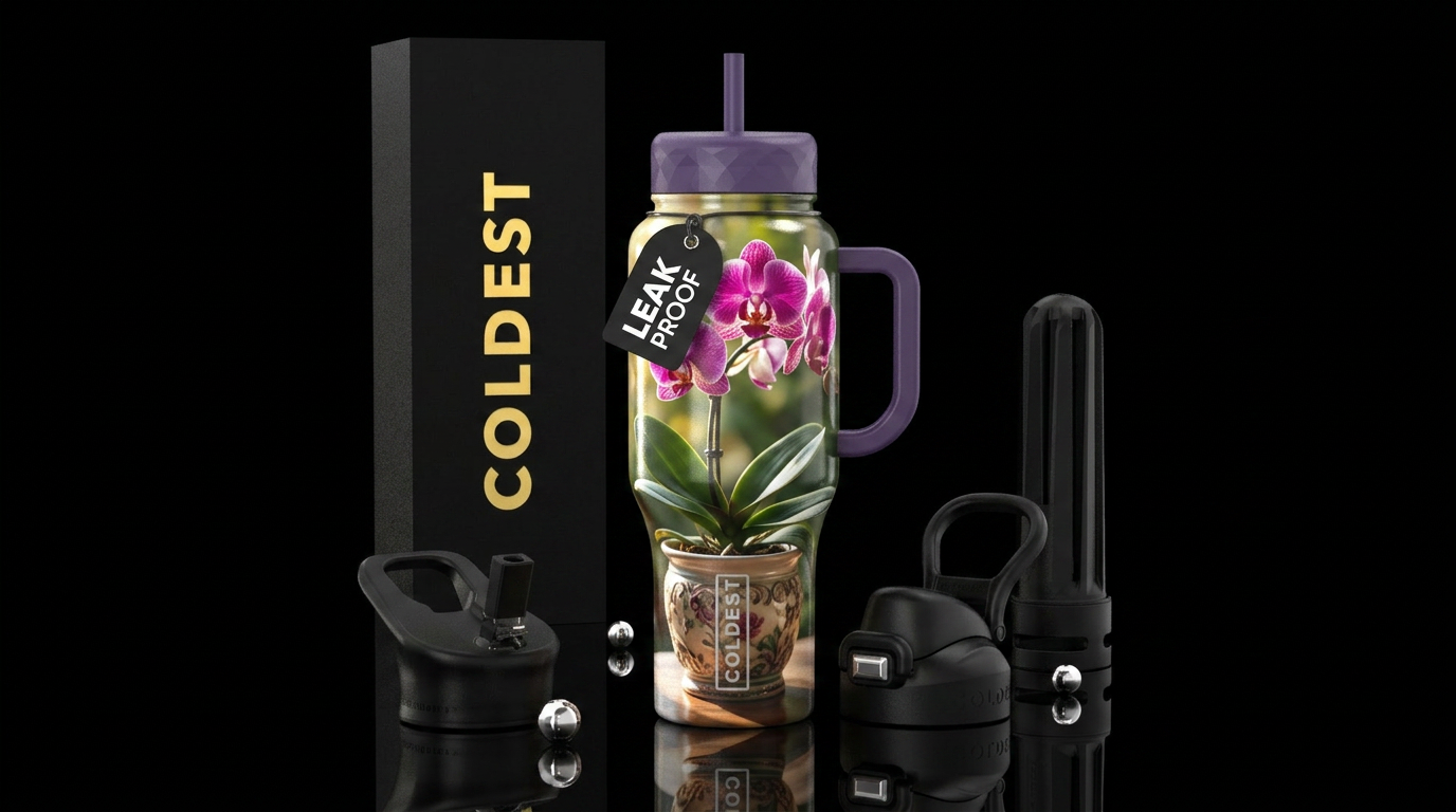 Beautiful orchid plant  in ornate pot in the sun water bottle design