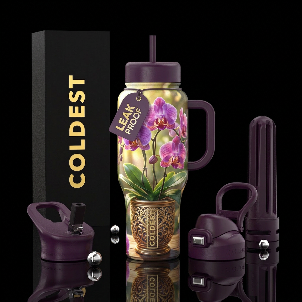 Beautiful orchid plant in an ornate pot in the sun... water bottle design