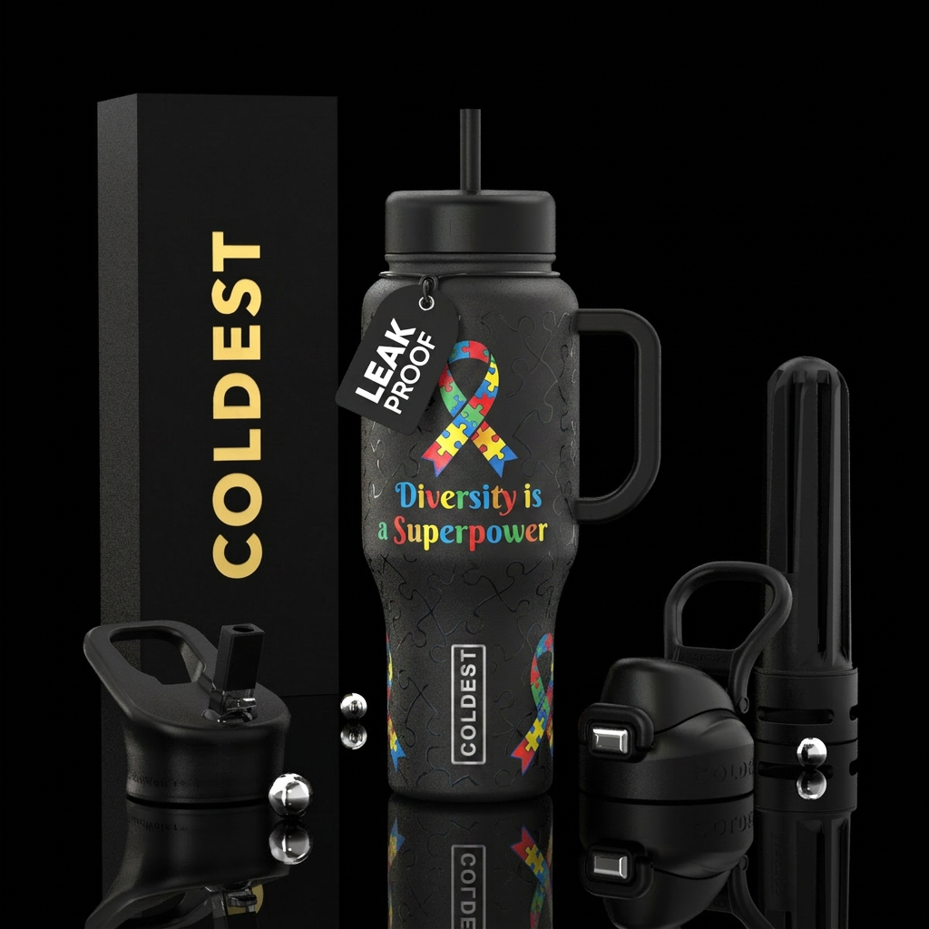 Autism awareness ribbon with the words "Diversity ... water bottle design