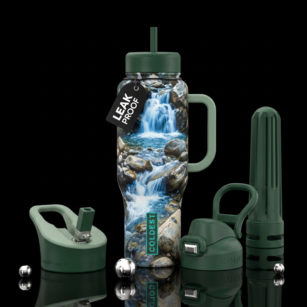 Waterfall with river rock water bottle design