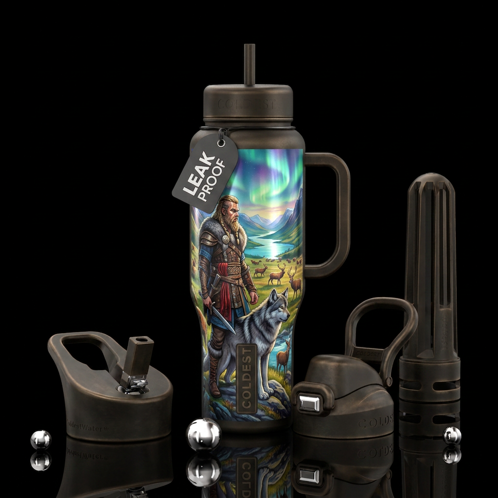 Viking man, wolf standing by the Viking looking at... water bottle design