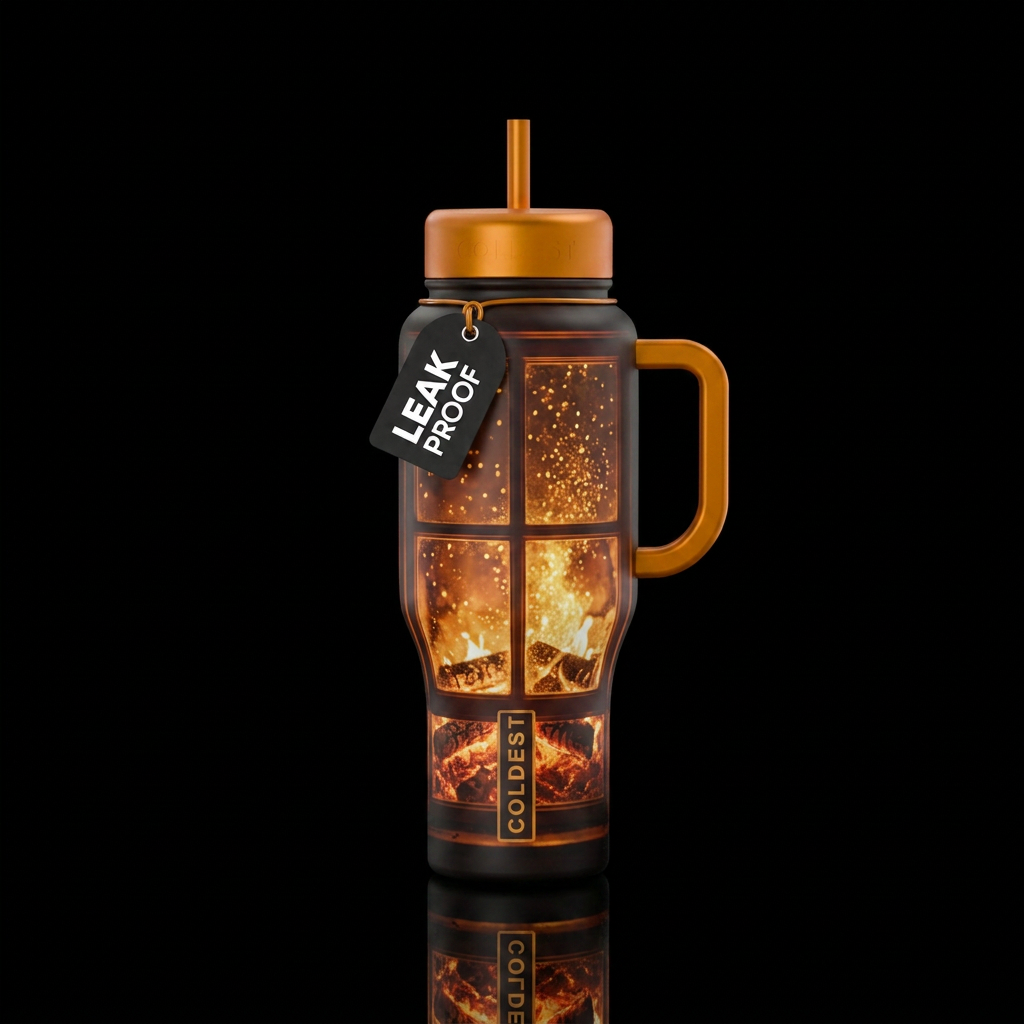 glowing ember, shimmer, looking through a window water bottle design