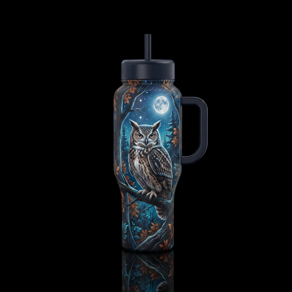 Realistic owl , trees, moonlight water bottle design