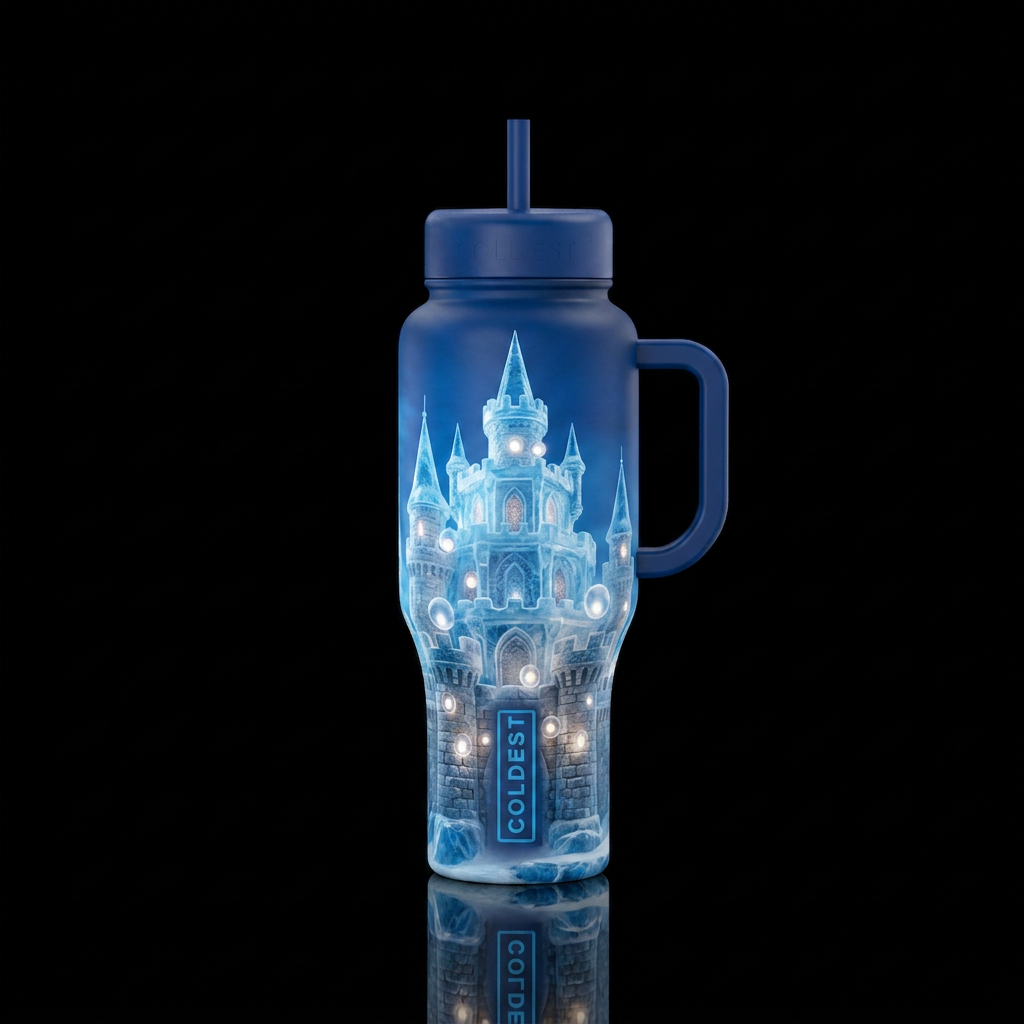 castle made of ice and stone, orbs of light that g... water bottle design