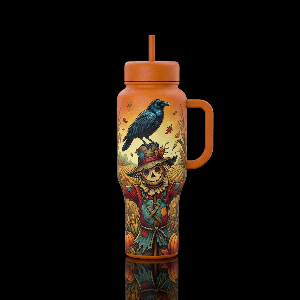 Crow perched on a scarecrow, matte , textured fini... water bottle design